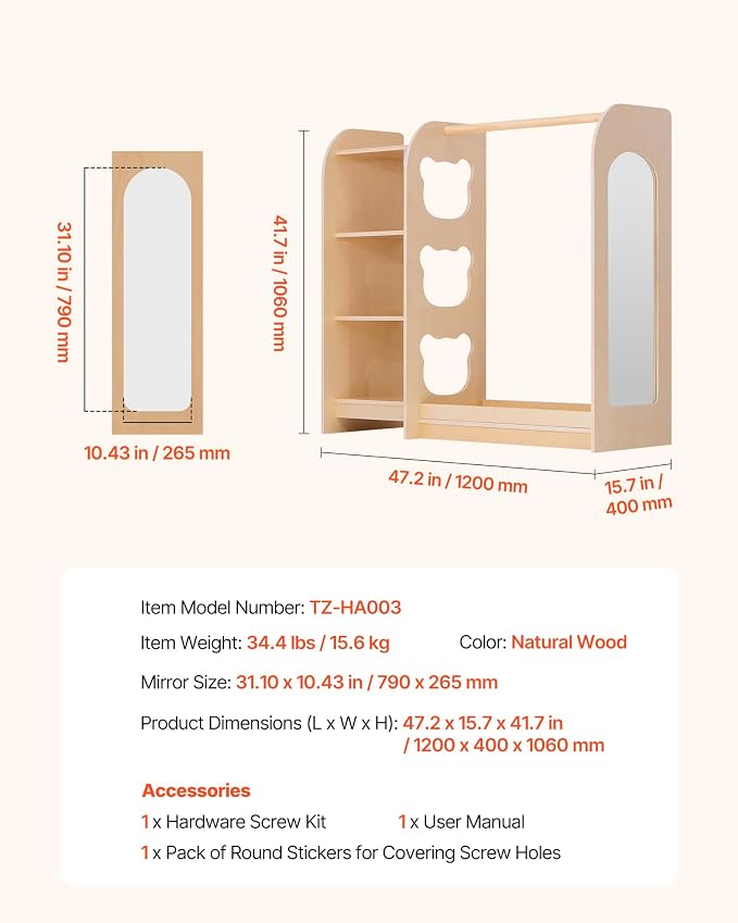 VEVOR Kids Dress Up Storage, with Mirror, Wooden Kids Dress Up Rack, Toddler Wardrobe Closet for Little Girls, Storage Armoire, Costume Organizer, Children Playroom Furniture, for Bedroom, Natural