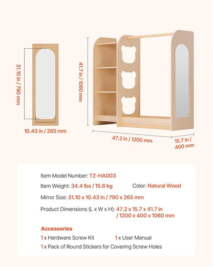 VEVOR Kids Dress Up Storage, with Mirror, Wooden Kids Dress Up Rack, Toddler Wardrobe Closet for Little Girls, Storage Armoire, Costume Organizer, Children Playroom Furniture, for Bedroom, Natural