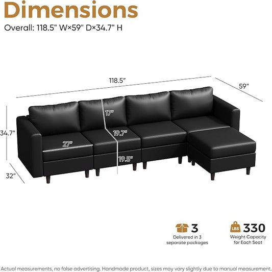 ABCASA Faux Leather Modular Sectional Sofa 118.5", L Shaped Couch Set for Living Room, 5-Seater Comfy Cloud Couches with Movable Storage Ottoman,DIY Combination - Black