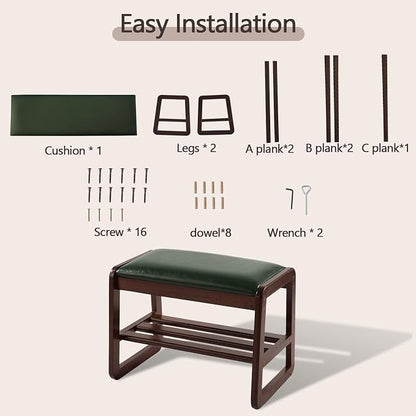 Achicsofar Small Shoe Rack Bench,2 Tier Solid Wooden Entryway Bench(Green) | with Shoe Storage, Shoe Rack with Cushion, for Living Room, Hallway, Garage, 11.8"D x 21.6"W x 16.5"H