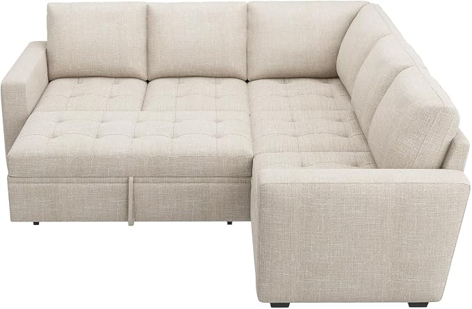 HONBAY Modular Sectional Sleeper Sofa with Pull Out Bed L Shaped Couch with Storage Seat Sectional Couches for Living Room,Beige