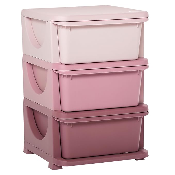 Qaba 3 Drawers Kids Storage Unit, 3 Tier Stackable Toy Organizers and Storage Chest for Bedroom, Nursery, Playroom, Living Room, Boys, Girls, Toddlers, Pink