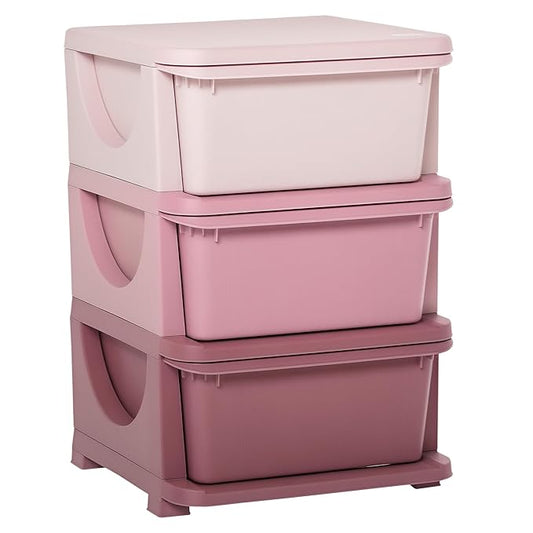 Qaba 3 Drawers Kids Storage Unit, 3 Tier Stackable Toy Organizers and Storage Chest for Bedroom, Nursery, Playroom, Living Room, Boys, Girls, Toddlers, Pink