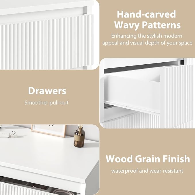 Jocoevol 6 Drawer Fluted Dresser, Modern Chest of Drawers for Bedroom with Hidden Handles, Wood Storage Organizer Cabinet for Living Room & Entryway, White (15.7" D x 47.3" W x 31.6" H)