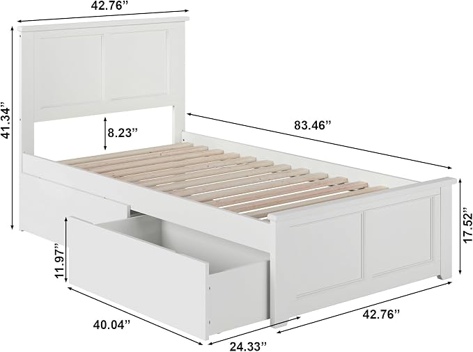 AFI, Madison Twin XL Platform Bed with Matching Footboard & Storage Drawers, White