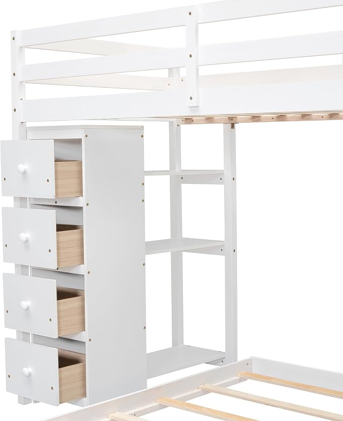 Ball & Cast Twin Over Full Bunk Bed with Safty Guardrail & Storage Stairs,Wood Bedframe W/ 3-Layer Shelves & Drawers,Easy Assembly,Space Saving,Compact Bedroom Furniture Set for Boy Girl Teens,White