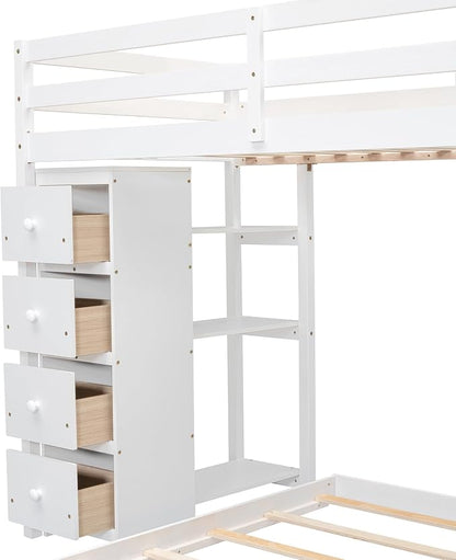 Ball & Cast Twin Over Full Bunk Bed with Safty Guardrail & Storage Stairs,Wood Bedframe W/ 3-Layer Shelves & Drawers,Easy Assembly,Space Saving,Compact Bedroom Furniture Set for Boy Girl Teens,White