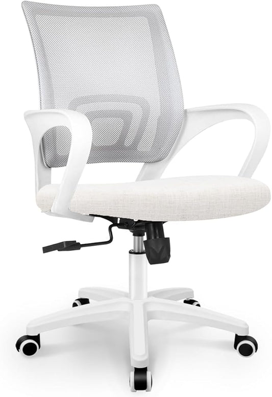 NEO CHAIR Office Desk Computer Chair Ergonomic Mesh Gaming Cushion Seat with Comfy Lumbar Mid Back Support Adjustable Height Swivel Rolling Wheels for Home Task (Ivory)