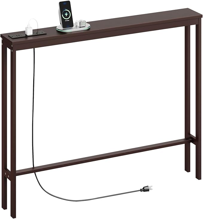 ELYKEN Bamboo Narrow Console Table with Charging Station, Slim Sofa Table Behind Couch, Entryway Table with Outlets for Living Room, Hallway, 5.9 x 39.4 x 31.1in, Brown