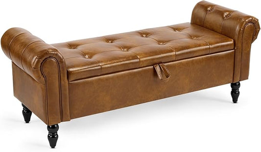 Furniliving 55” End of Bed Bench, Bedroom Bench with Button-Tufted, Large Upholstered Storage Ottoman Entryway Bench with Storage Shoe Cabinet Bench, for Bedroom, PU, YellowBrown