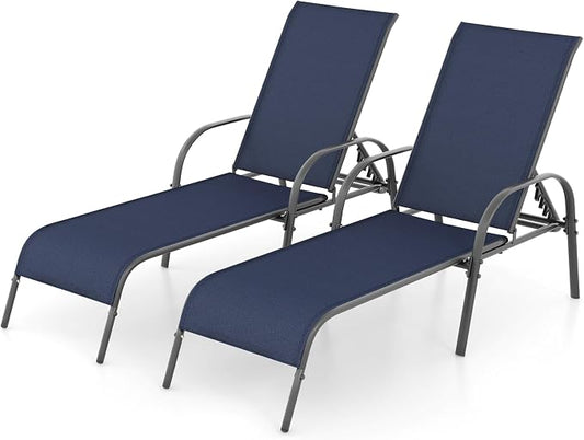 Giantex 2 Pack Patio Lounge Chair, Outdoor Chaise Lounge with 5 Adjustable Backrest, Sturdy Steel Frame, Sunbathing Recliner, Beach Chair, Tanning Chair for Outside, Yard, Balcony, Pool Chairs, Navy