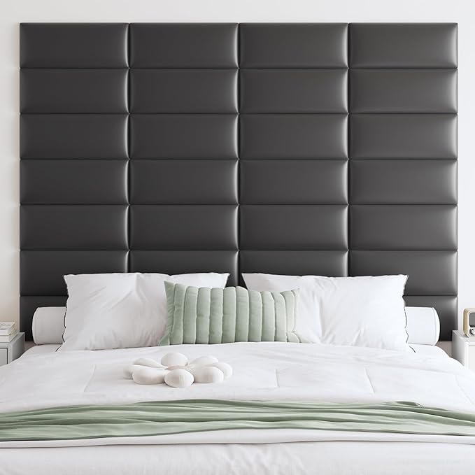 IFNOW Wall Mounted Upholstered Headboard King, 12 Panels 3D Peel and Stick Soundproof Wall Panels, Reusable and Removable Padded Headboard Leather Bed Headboard, 9.84" x 23.62", Black