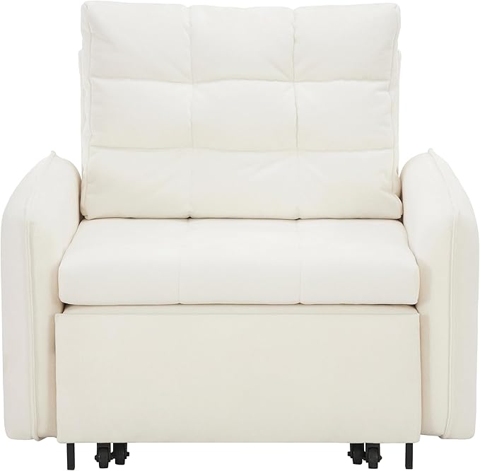 ERYE Modern Foldable Chair Sofa Convertible Pull Out Sleeper Sofabed,Single Seat Tufted Upholstered Sofa Convertible Chaise Lounge Bed with USB-Ports and Side Pockets