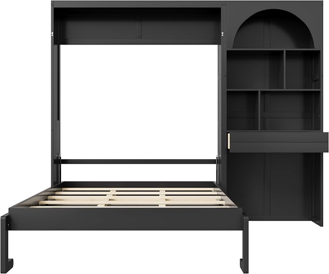 Merax Farmhouse Multi-Functional Murphy Bed with Cabinets & a Drawer,White | Queen Size Solid Wood Foldable Wall Platform Bed Upholstered Headboard for Guest-Room, Bedroom/ Space Saving