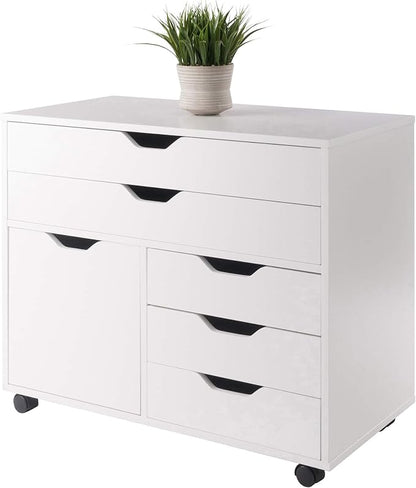 Winsome Halifax Mobile Storage Cabinet with 1 Door & 5 Drawers in White, Stylish & Functional Home Storage Cabinet for Filing, Kitchen Organization, Moveable Furniture for Office, Dorms, Apartments