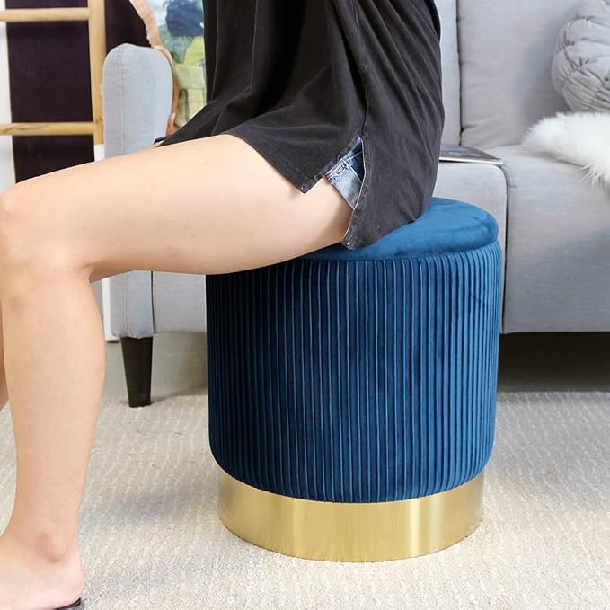 Blue Round Ottoman with Storage Set of 2 Upholstered Velvet Vanity Stool for Living Room Small Ottoman Coffee Table with Removable Lid Foot Stool for Living Room, Bedroom, Hallway, Assembly Free