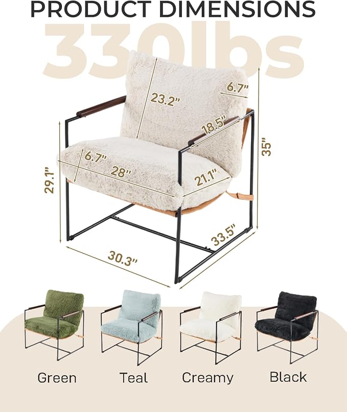 Karl home Modern Metal Frame Accent Chair, Khaki | Plush Fleece Upholstered, Wood Padded Armrest, 28" Seat Width, Comfy Lounge Armchair for Living Room, Bedroom, Apartment