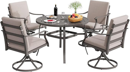 EROMMY 5-Piece Outdoor Patio Dining Set, 4 Swivel Chairs with Removable Cushions & Round Metal Table with Umbrella Hole, All-Weather Furniture for Backyard, Garden and Deck