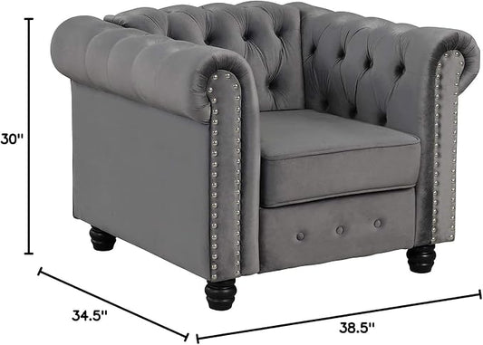 Morden Fort Classic Chesterfield Sofa Chair Set, Tufted Arm Chair Sofa with Solid Wood Legs Thick Cushion, Pet-Friendly Sofa Couch Chair for Living Room Bedroom Reading Room - Velvet Grey