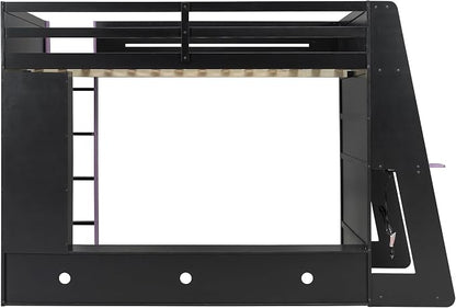 Merax Full Size Loft Bed with Desk, Multi-Storage Shelves and RGB Light | Space-Saving Wooden Gaming Bed Frame with Charging Station and Guardrail