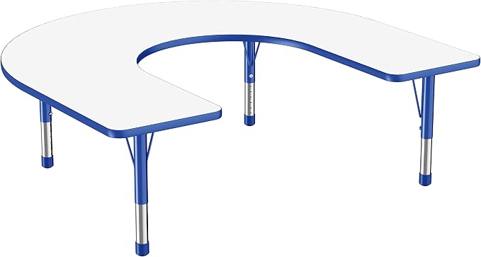 FDP Dry-Erase Horseshoe Activity School and Classroom Kids Table (60 x 66 inch), Chunky Toddler Legs for Collaborative Spaces, Adjustable Height 15-24 inches - Whiteboard Top, Blue Edge and Legs