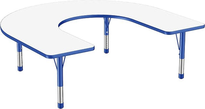 FDP Dry-Erase Horseshoe Activity School and Classroom Kids Table (60 x 66 inch), Chunky Toddler Legs for Collaborative Spaces, Adjustable Height 15-24 inches - Whiteboard Top, Blue Edge and Legs