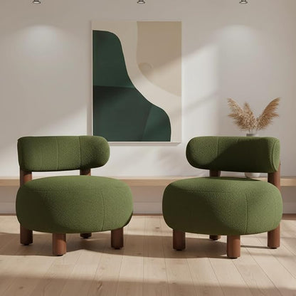 Modern Boucle Accent Chair, with Plush Faux Sherpa Upholstery, Curved Backrest, Solid Wood Legs for Living Room Bedroom Reading Nook, 27.5", Green