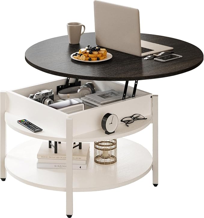 FABATO Round Lift Top Coffee Table with Storage and Hidden Compartment, 26.77'' Farmhouse Coffee Table for Living Room Reception Room, 2 Tier Small Round Coffee Table Circle Dining Table, White