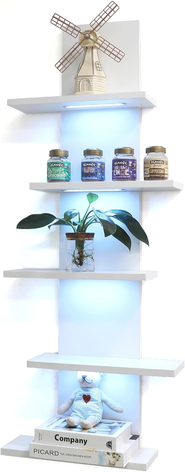 VIWODS 5 Tier Wall Shelf Unit-White Floating Shelves with Light for Home Decor, Modern Unique Asymmetric Design for Bedroom & Living Room Storage