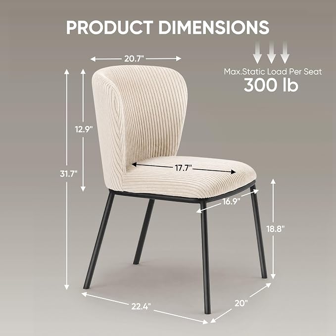 SIMTONAL Upholstered Dining Chairs Set of 6, Corduroy Armless Kitchen Chairs with Memory Foam Seat, Black Metal Legs, Mid Century Modern Accent Seating for Apartment, Vanity, [Beige]