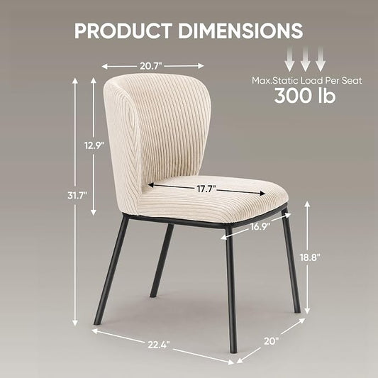 SIMTONAL Upholstered Dining Chairs Set of 6, Corduroy Armless Kitchen Chairs with Memory Foam Seat, Black Metal Legs, Mid Century Modern Accent Seating for Apartment, Vanity, [Beige]