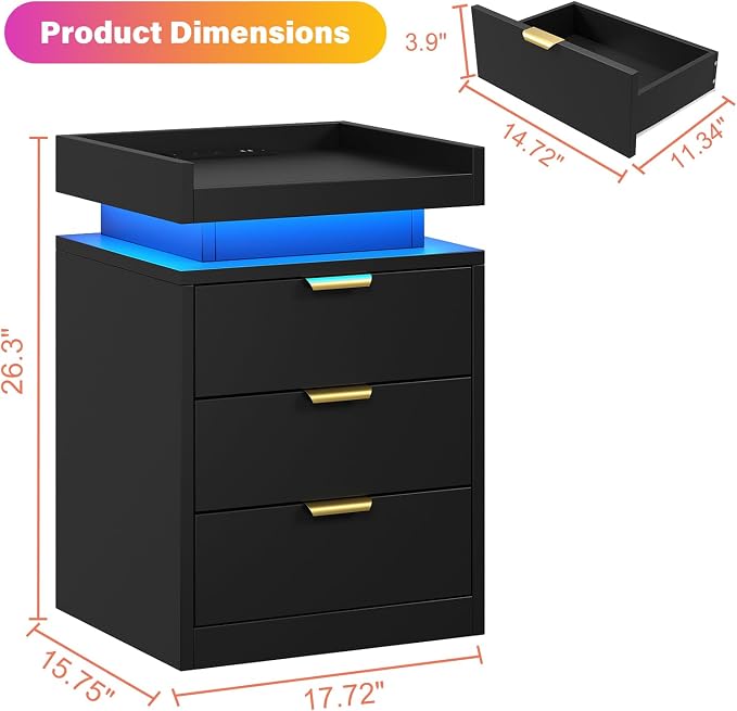 knoworld LED Nightstand Set of 2 with Charging Station & USB Ports, 3-Drawer Bedside Table with Adjustable RGB LED Lights, High-Gloss Modern Nightstands for Bedroom, Black