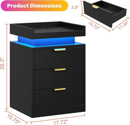 knoworld LED Nightstand Set of 2 with Charging Station & USB Ports, 3-Drawer Bedside Table with Adjustable RGB LED Lights, High-Gloss Modern Nightstands for Bedroom, Black