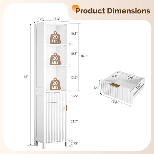 VINGLI 68" Tall Narrow Bathroom Storage Cabinet, Slim Freestanding Floor Cabinet with Fluted Door & Drawer, 12 Inch Deep Skinny Wood Organizer for Small Spaces, Kitchen & Living Room, White