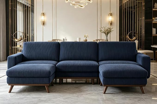 Convertible U-Shaped Corduroy Sectional Sofa, 3-Seater Couch with 2 Ottomans, FSC Solid Wood Frame, Spring Cushions, Blue