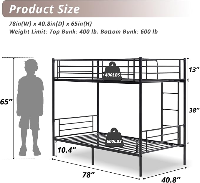Karl home Metal Bunk Bed Twin Over Twin with Built-in Ladder, Black | Heavy Duty Bunkbeds with Safety Guardrail and Space-Saving Design,Twin Bunk Beds for Kids, Teens & Adults, No Box Spring