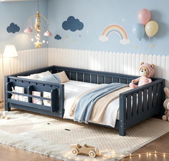 Bellemave Twin Size Floor Bed with high Rails and with Built-in Bookshelf for Kids, Girls, Boys, Wood Montessori Floor Bed Without Door, Blue