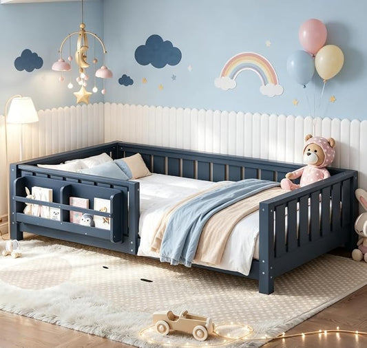 Bellemave Twin Size Floor Bed with high Rails and with Built-in Bookshelf for Kids, Girls, Boys, Wood Montessori Floor Bed Without Door, Blue
