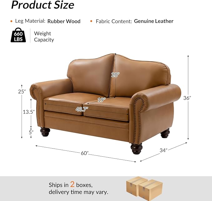 60" Wide Genuine Leather Chesterfield Loveseat, 2 Seat Leather Sofa with Rolled Arms, Nailhead Trim for Living Room Furniture, Easy Assembly – Camel