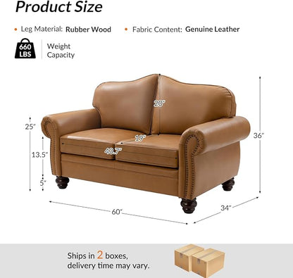 60" Wide Genuine Leather Chesterfield Loveseat, 2 Seat Leather Sofa with Rolled Arms, Nailhead Trim for Living Room Furniture, Easy Assembly – Camel