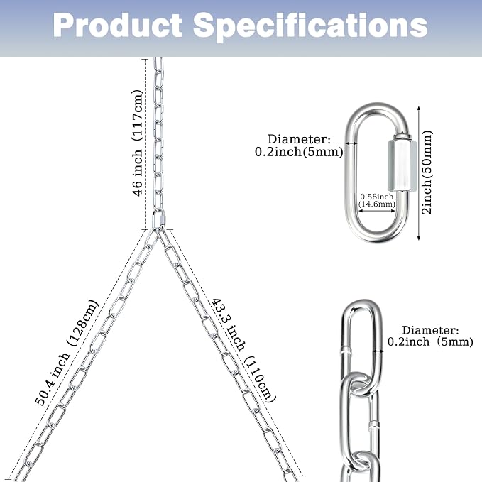 Heavy Duty Porch Swing Hanging Chain Kit (2 Pack) 1500 Lbs Capacity, up to 8 ft Length- Rustproof Zinc-Plated, 6 Quick Links & 2 Y-Chain Assemblies(Silver)