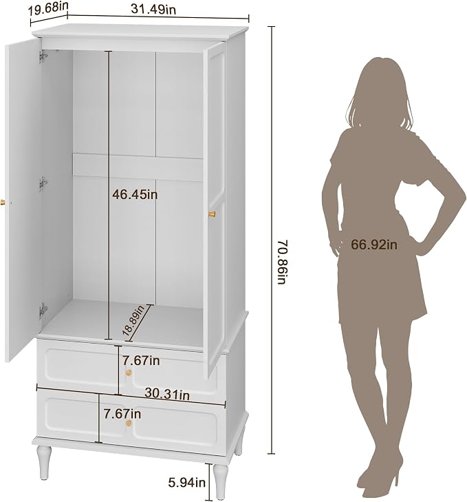HLR 71" Mid-Century Modern Armoire Wardrobe Closet with Doors and Drawers,Wooden Armoire Storage Cabinet with Hanging Rod for Bedroom,Large Capacity Storage,White