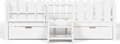 Bellemave Queen Size Montessori Bed with Stairs, Lights, Rails and Slats, Queen Size Montessori Floor Bed with Bookshelf and 2 Storage Drawers, Easy Assemble Beds Frame for Girls, Boys, White