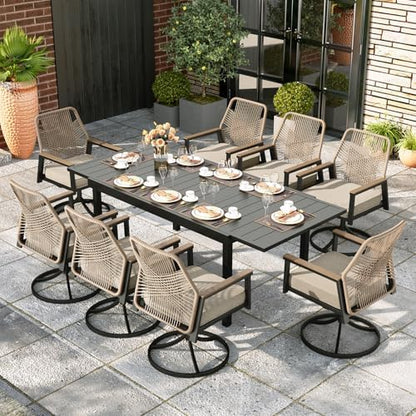 MIXPATIO Swivel Patio Dining Set, Extendable Metal Table, 8 Rattan Chairs