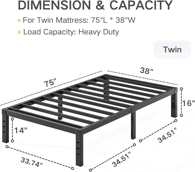 Twin Size Bed Frame 16" Tall Heavy Duty, Metal Platform Bed Frame,Sturdy Steel Frame,No Box Spring Needed,Noise-Free,Easy Assembly