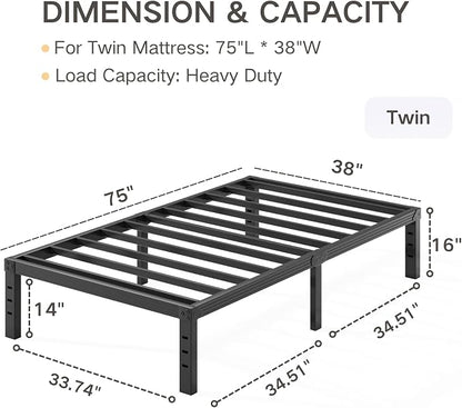 Twin Size Bed Frame 16" Tall Heavy Duty, Metal Platform Bed Frame,Sturdy Steel Frame,No Box Spring Needed,Noise-Free,Easy Assembly