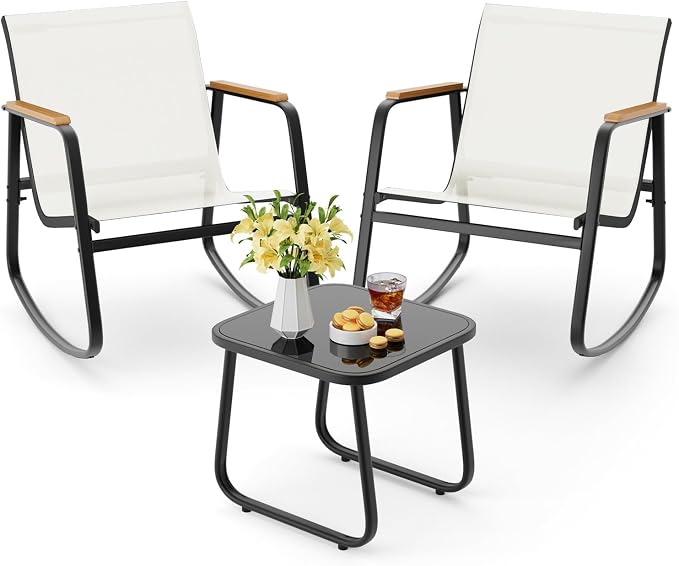 Aiho 3-Piece Patio Furniture Set, Outdoor Furniture with Textilene Fabric Rocker Chairs with Coffee Table, Patio Bistro Sets for Garden, Balcony, Poolside(White)