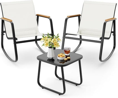 Aiho 3-Piece Patio Furniture Set, Outdoor Furniture with Textilene Fabric Rocker Chairs with Coffee Table, Patio Bistro Sets for Garden, Balcony, Poolside(White)