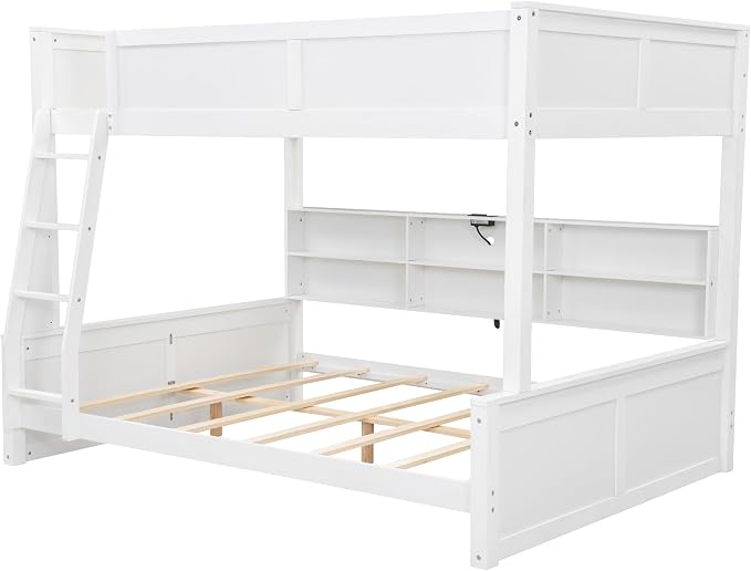 RUNNA Twin XL Over Queen Bunk Bed with Storage,USB, Antique White | Twin XL over queen bunk bed with storage, USB, solid pine wood, guardrails, no box spring needed, antique white
