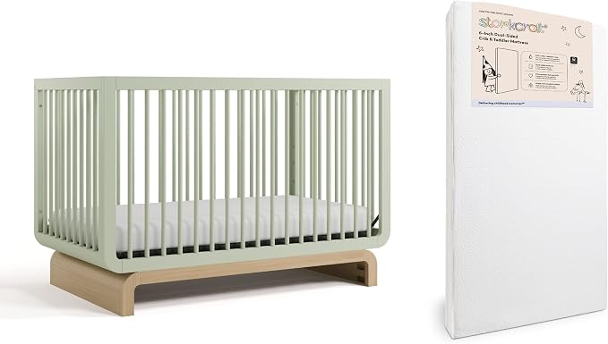 Storkcraft Santorini Convertible Crib with Toddler Guardrail & Storkcraft 6-Inch Grow-with Me Premium Waterproof Dual-Sided Toddler Bed Mattress (Sage with Driftwood) – GREENGUARD Gold Certified